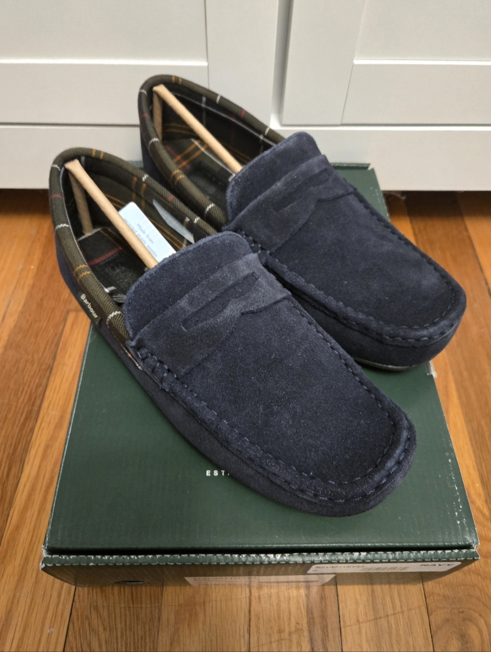Barbour Porterfield Slippers Size 8 Navy Suede Tartan Plaid Lining House shoe